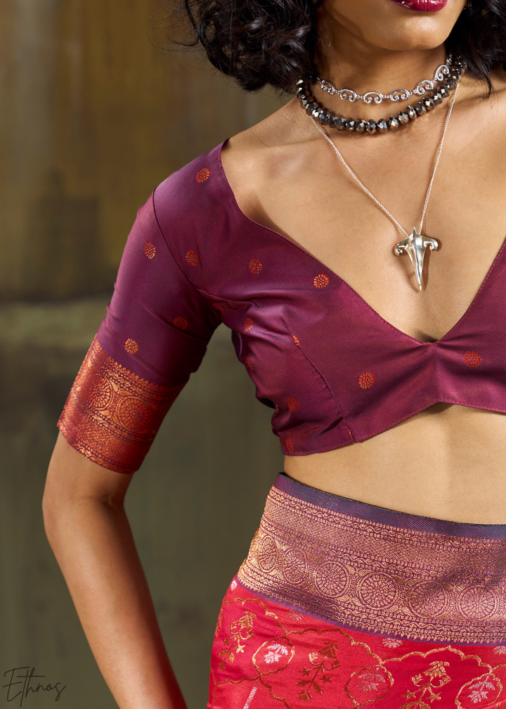Radiant Scarlet Copper Pochampally Ikkat Silk Saree