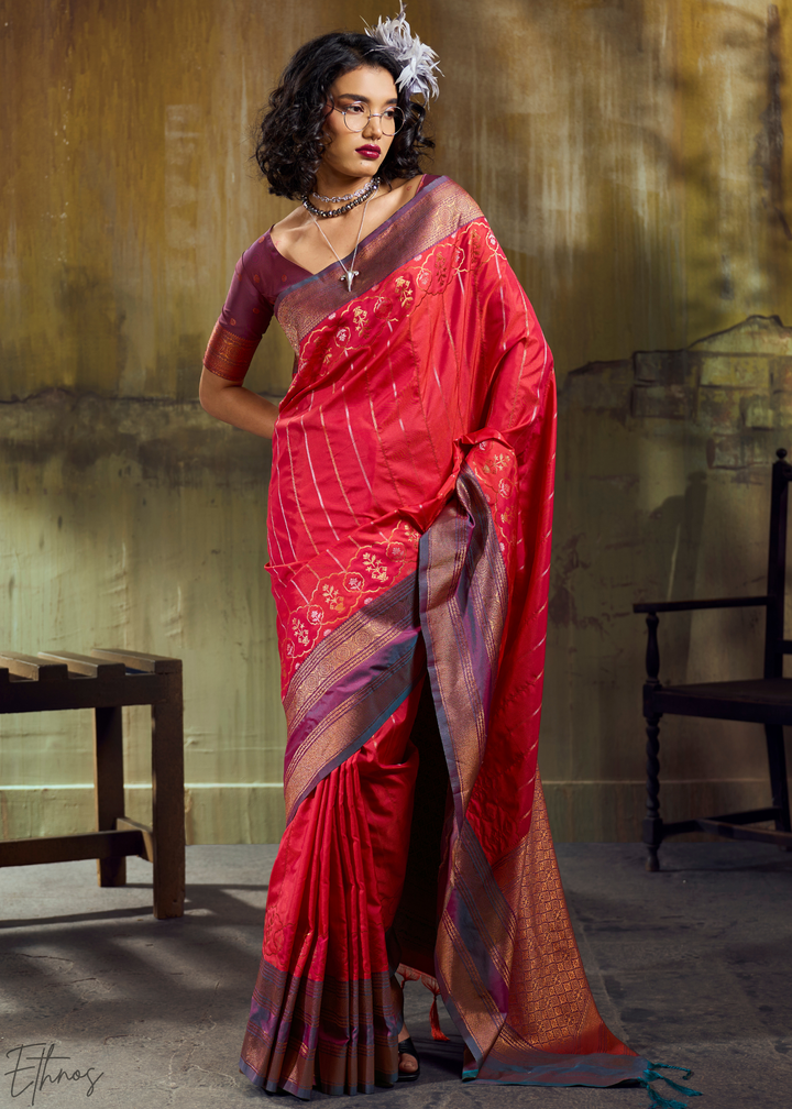 Radiant Scarlet Copper Pochampally Ikkat Silk Saree