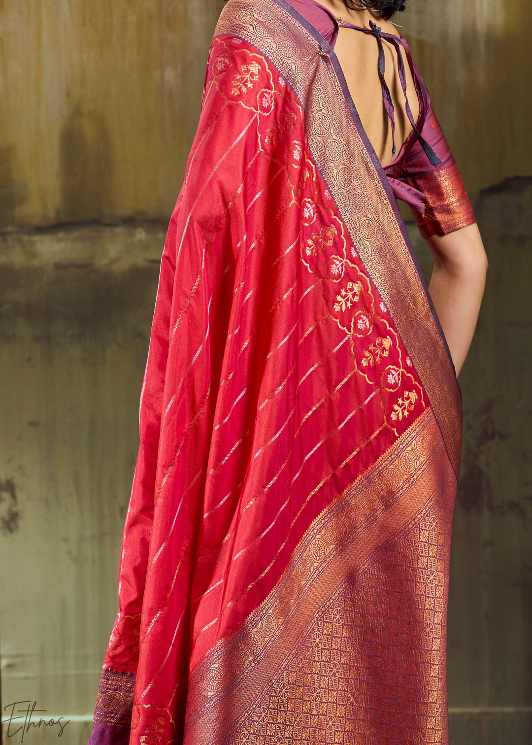 Radiant Scarlet Copper Pochampally Ikkat Silk Saree
