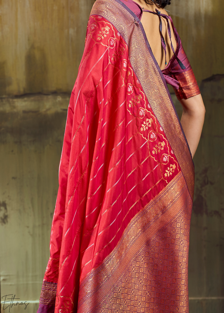 Radiant Scarlet Copper Pochampally Ikkat Silk Saree