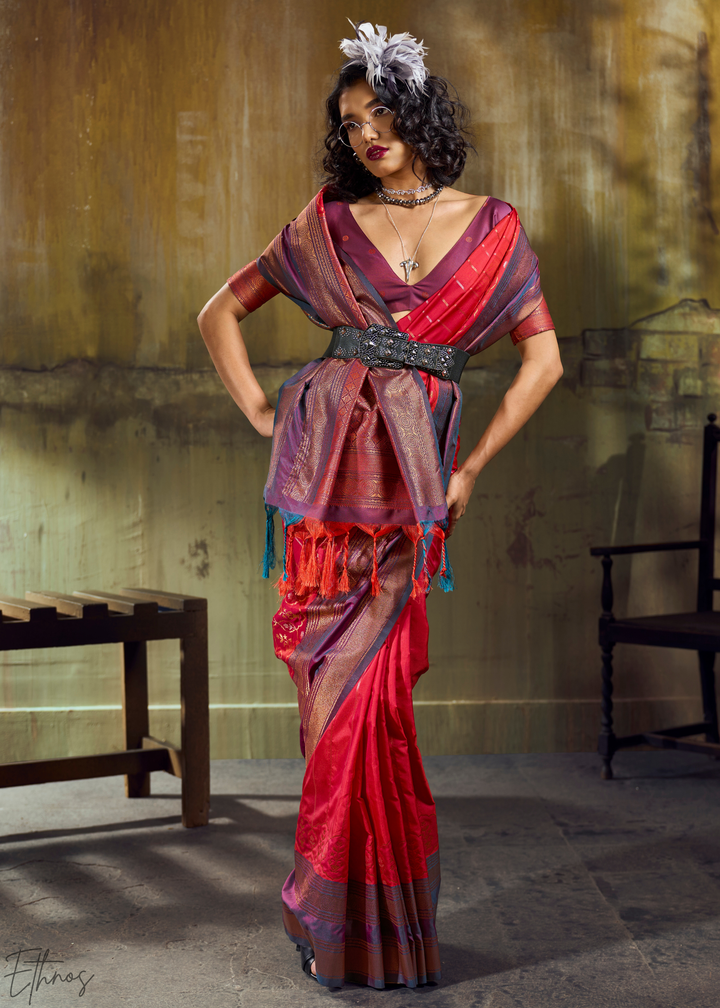 Radiant Scarlet Copper Pochampally Ikkat Silk Saree