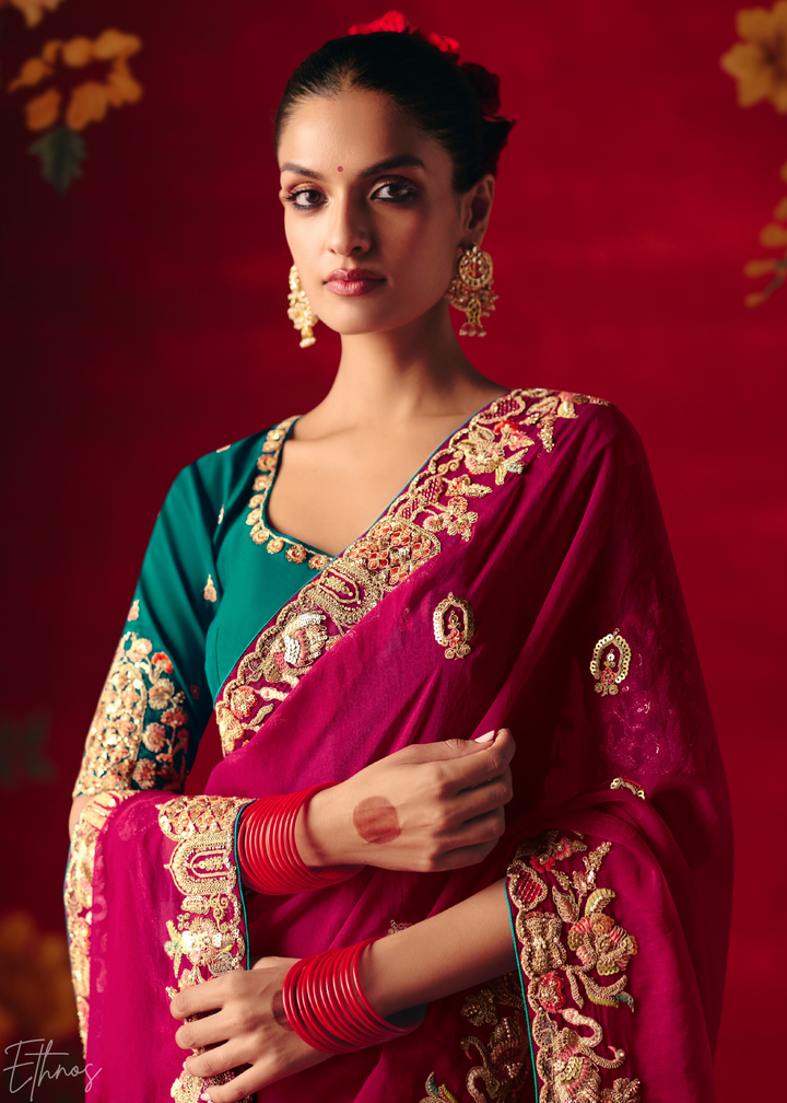 Hot Pink Floral Sequin Embroidered Organza Tissue Saree