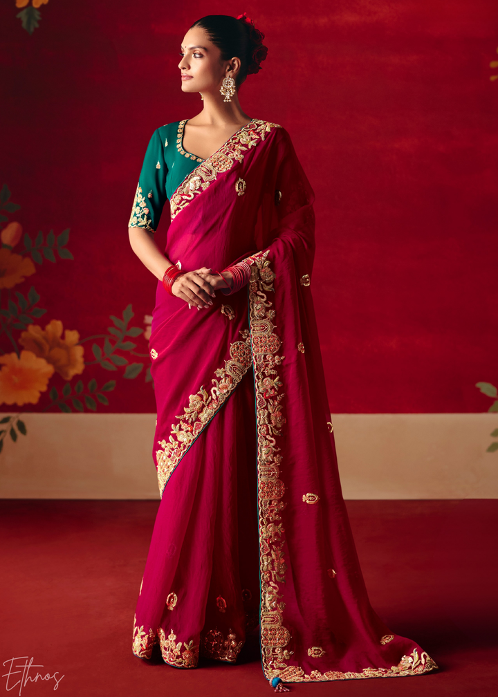 Hot Pink Floral Sequin Embroidered Organza Tissue Saree