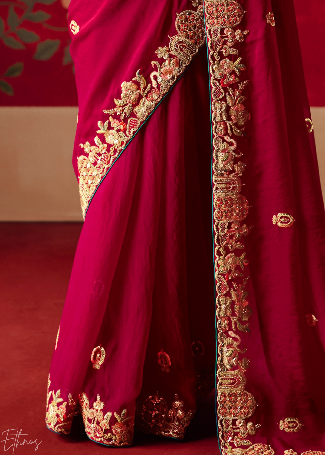 Hot Pink Floral Sequin Embroidered Organza Tissue Saree