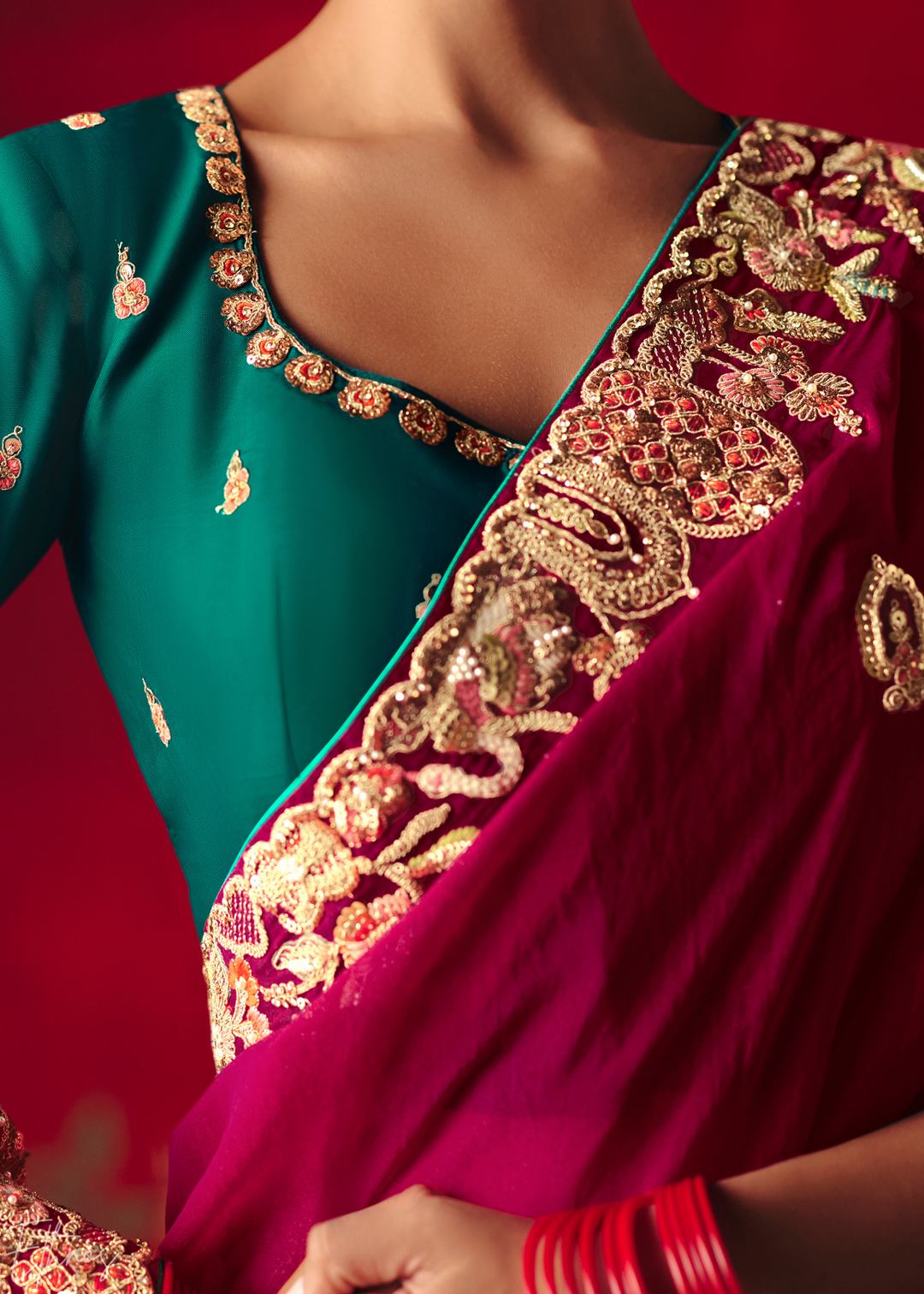 Hot Pink Floral Sequin Embroidered Organza Tissue Saree