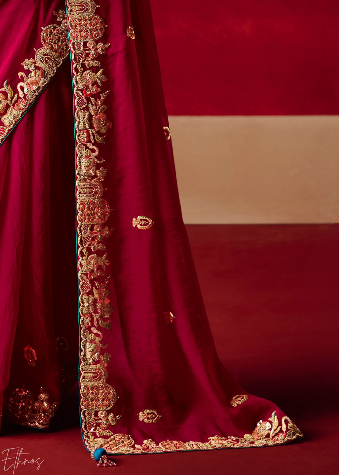 Hot Pink Floral Sequin Embroidered Organza Tissue Saree