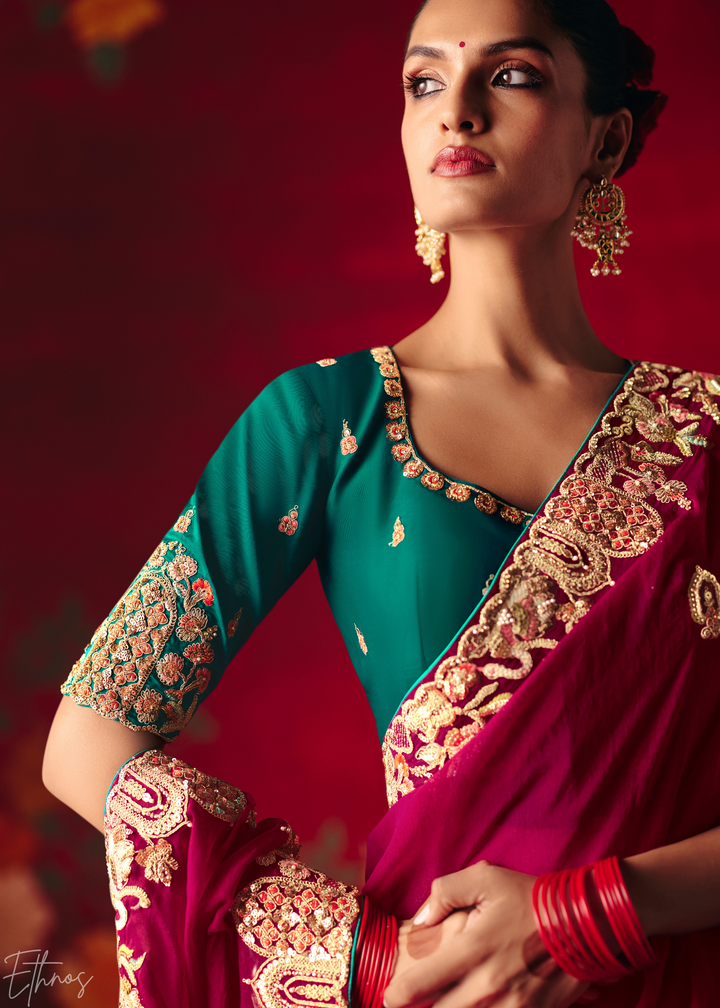 Hot Pink Floral Sequin Embroidered Organza Tissue Saree
