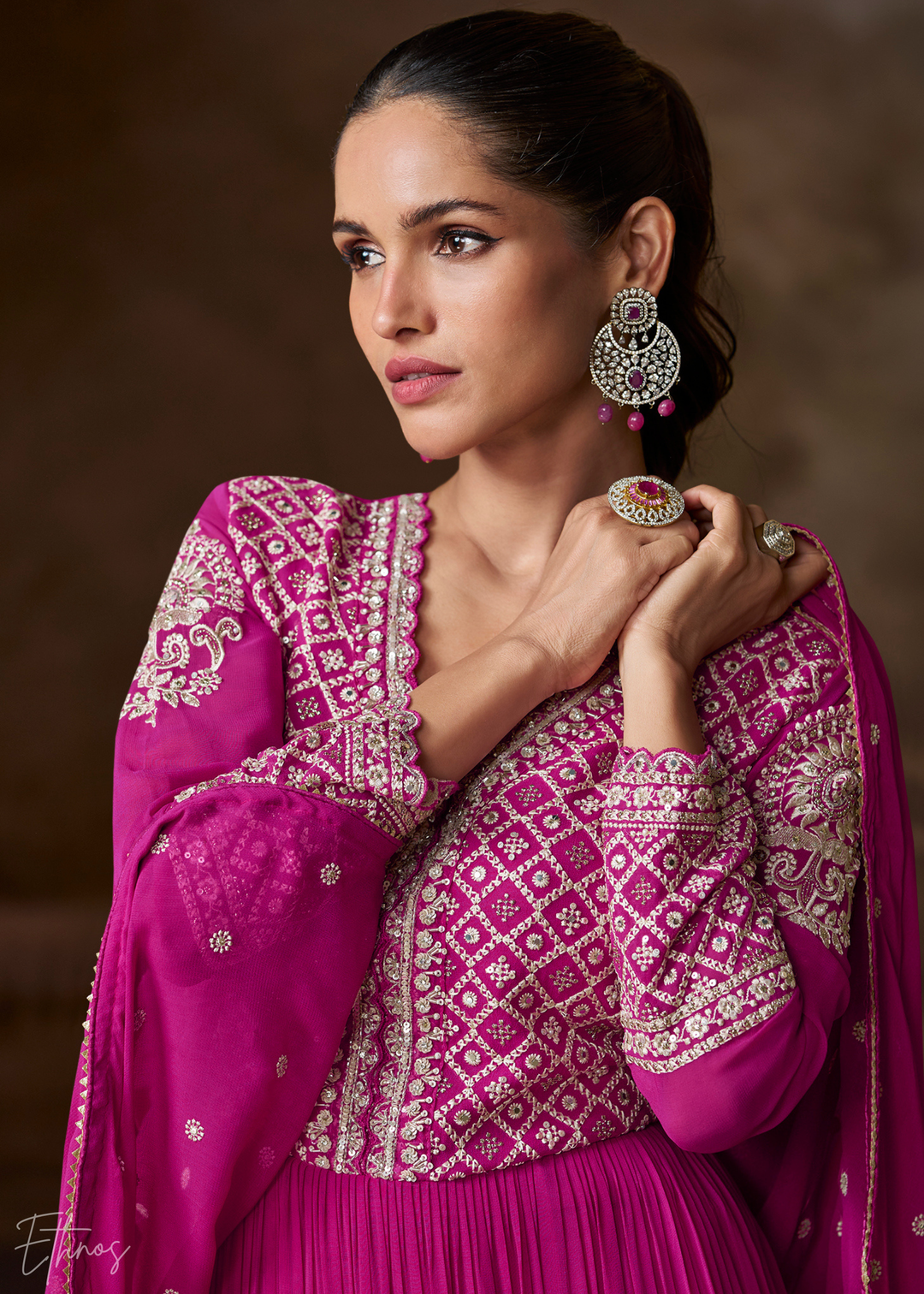 hot pink anarkali dress Hot Pink Handworked Chinon Silk Anarkali Suit