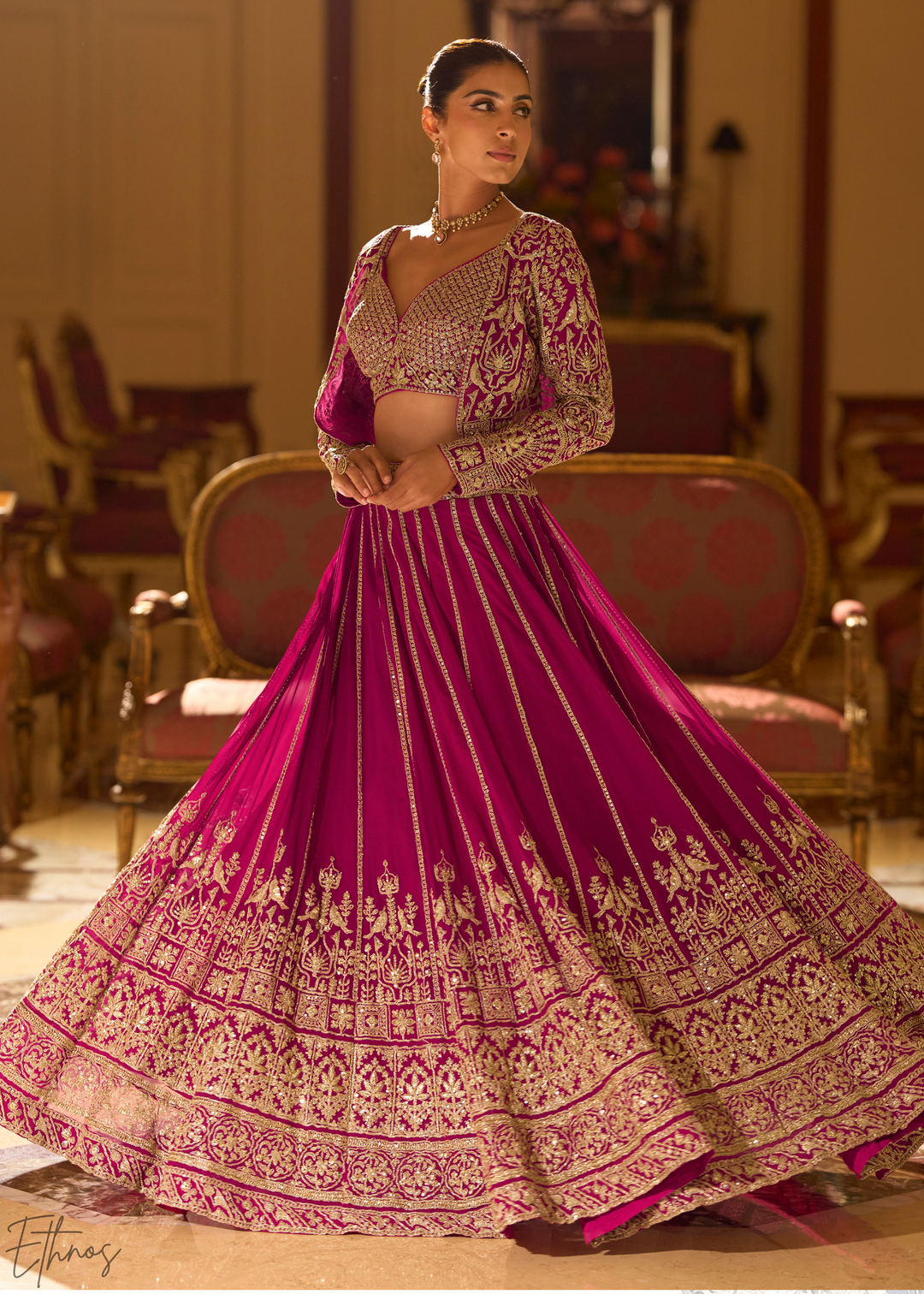 Raspberry Mosaic Georgette Bolero & Flared Lehenga Set