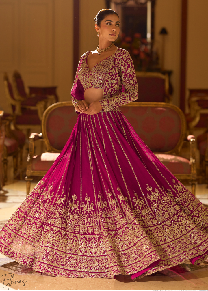 Raspberry Mosaic Georgette Bolero & Flared Lehenga Set