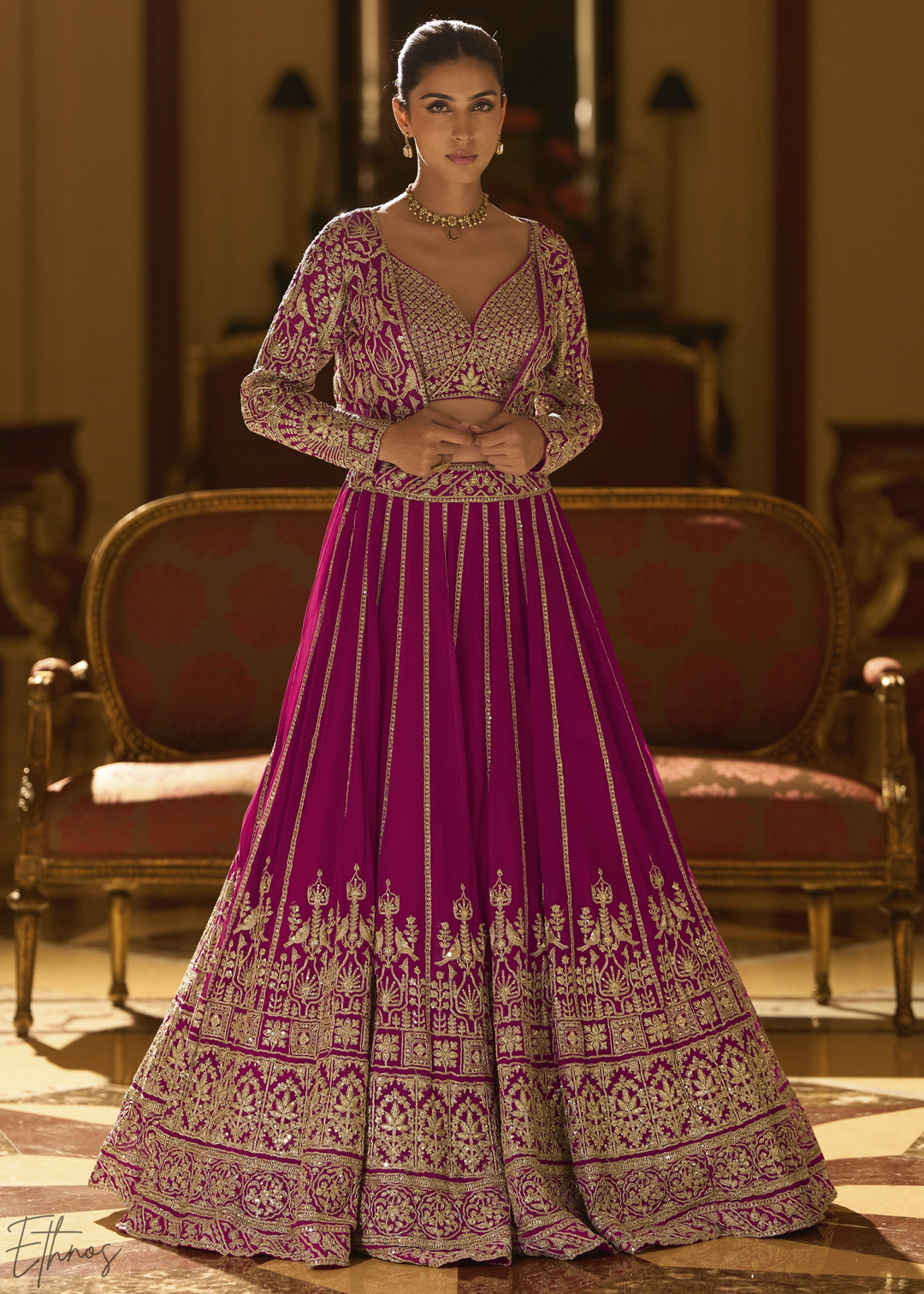 Raspberry Mosaic Georgette Bolero & Flared Lehenga Set