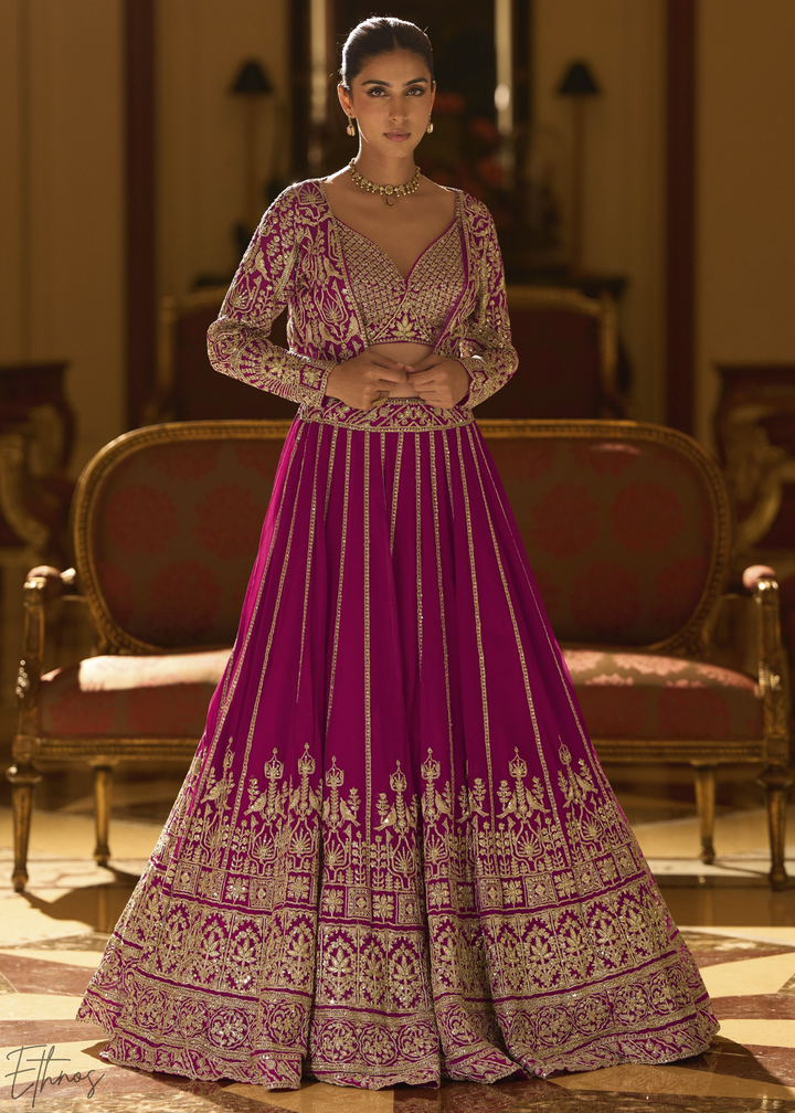 Raspberry Mosaic Georgette Bolero & Flared Lehenga Set