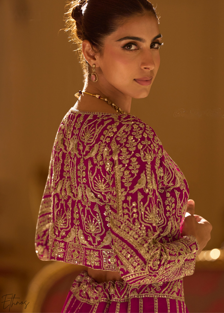 Raspberry Mosaic Georgette Bolero & Flared Lehenga Set