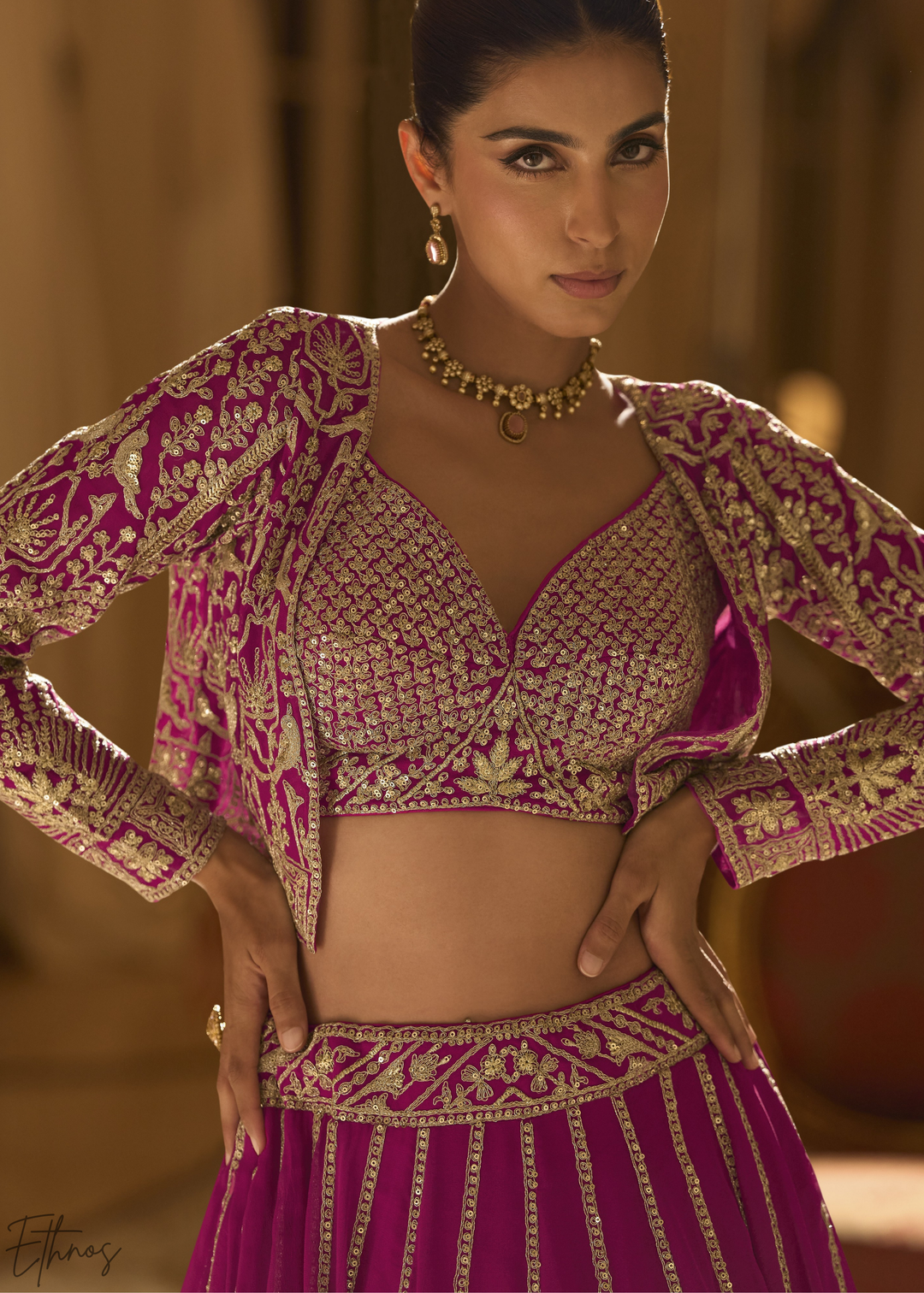 Raspberry Mosaic Georgette Bolero & Flared Lehenga Set