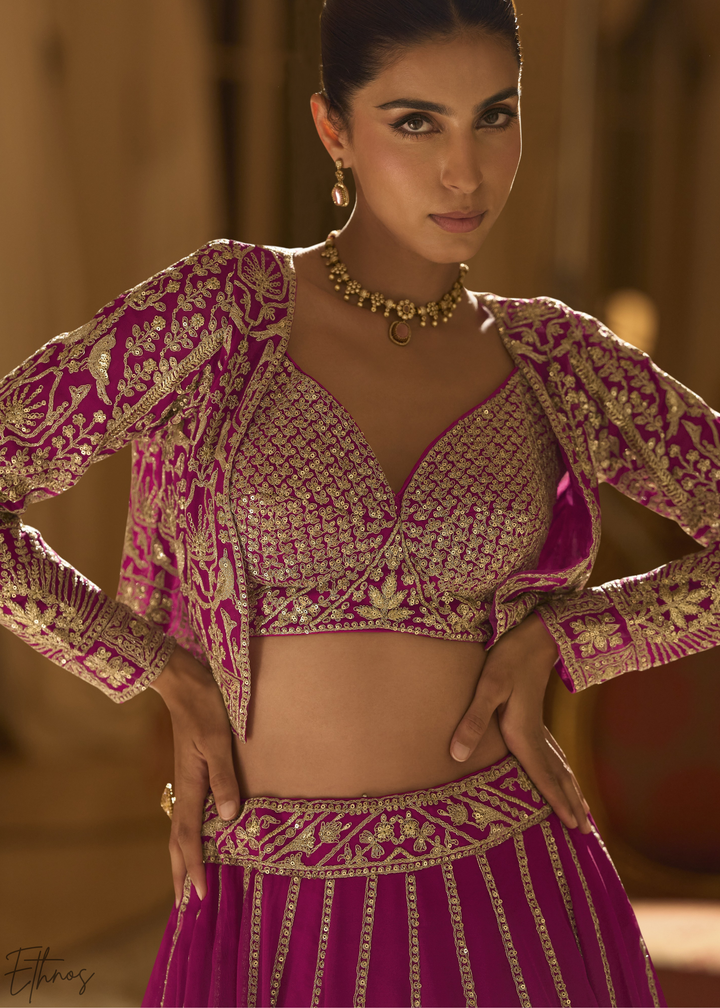 Raspberry Mosaic Georgette Bolero & Flared Lehenga Set