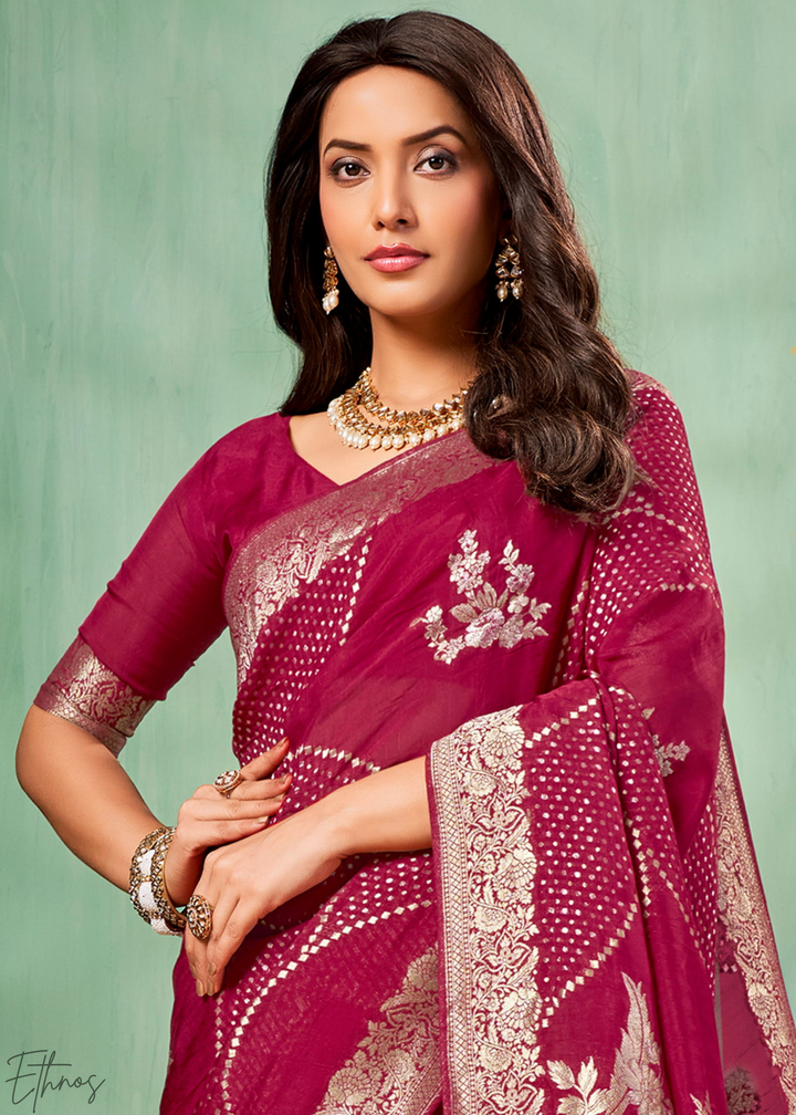 Raspberry Radiant-Foil Poly-Viscose Silk Saree