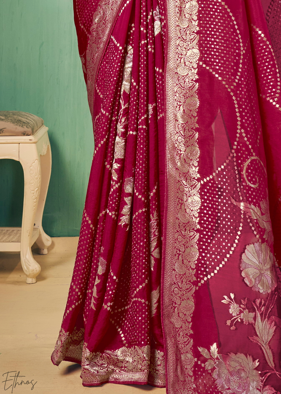 Raspberry Radiant-Foil Poly-Viscose Silk Saree