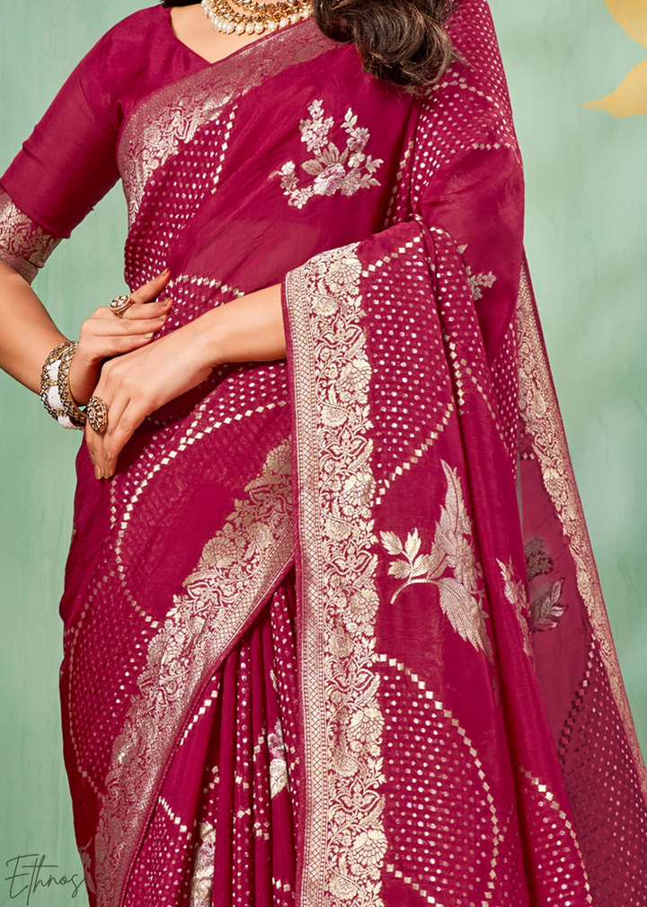 Raspberry Radiant-Foil Poly-Viscose Silk Saree