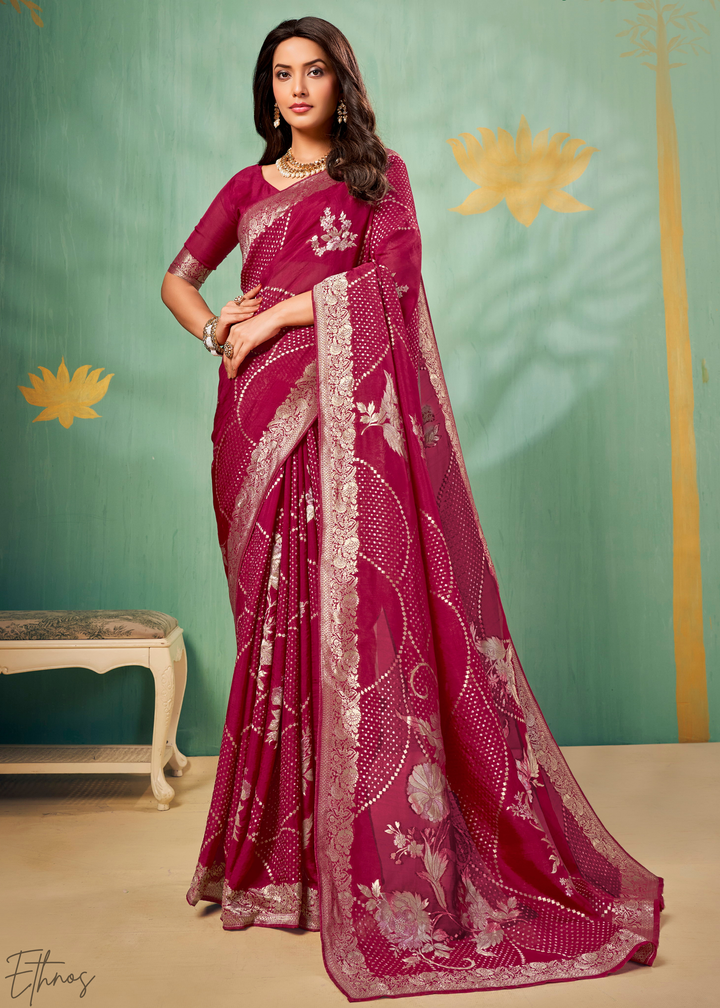 Raspberry Radiant-Foil Poly-Viscose Silk Saree