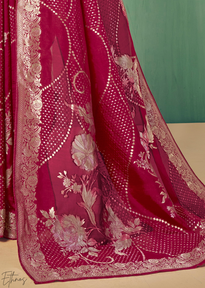 Raspberry Radiant-Foil Poly-Viscose Silk Saree