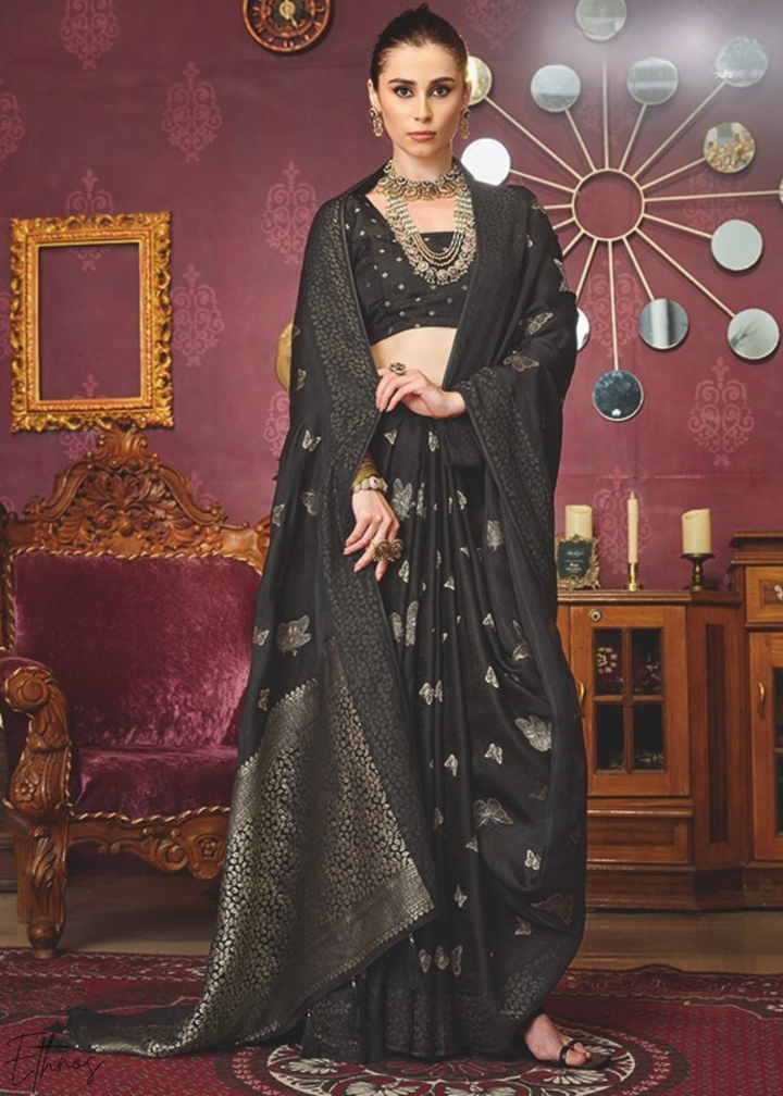 Raven-Black Stardust-Motif Satin Poly-Viscose Saree