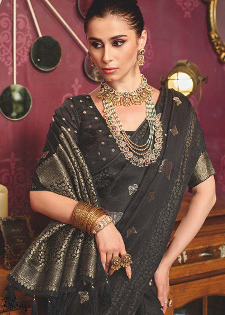 Raven-Black Stardust-Motif Satin Poly-Viscose Saree