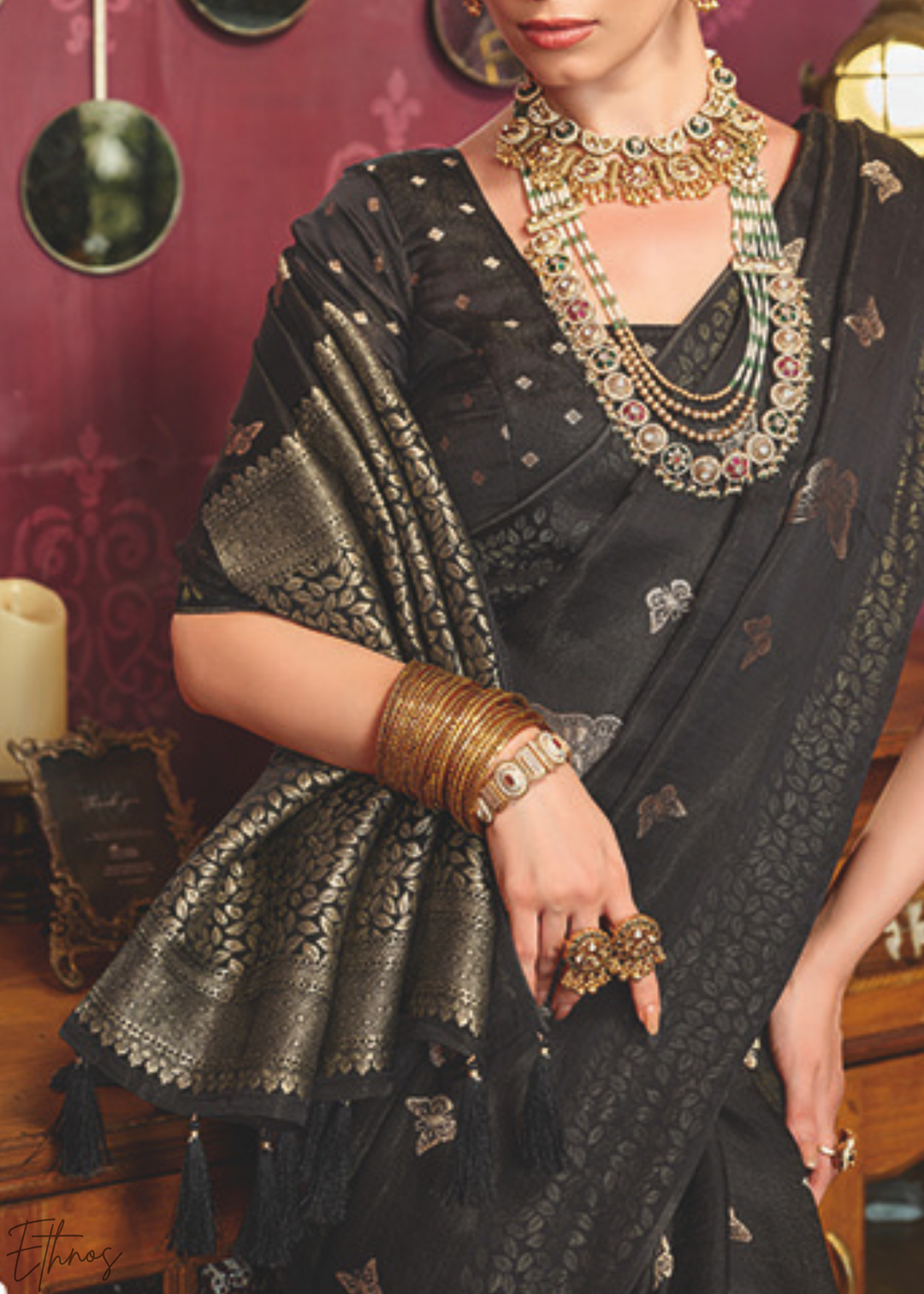 Raven-Black Stardust-Motif Satin Poly-Viscose Saree