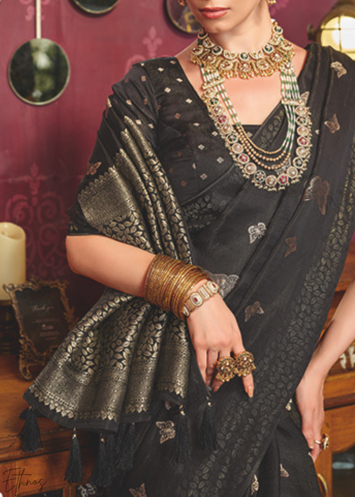 Raven-Black Stardust-Motif Satin Poly-Viscose Saree