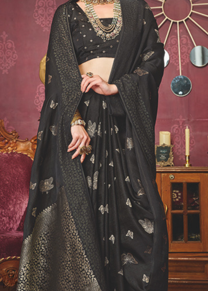 Raven-Black Stardust-Motif Satin Poly-Viscose Saree