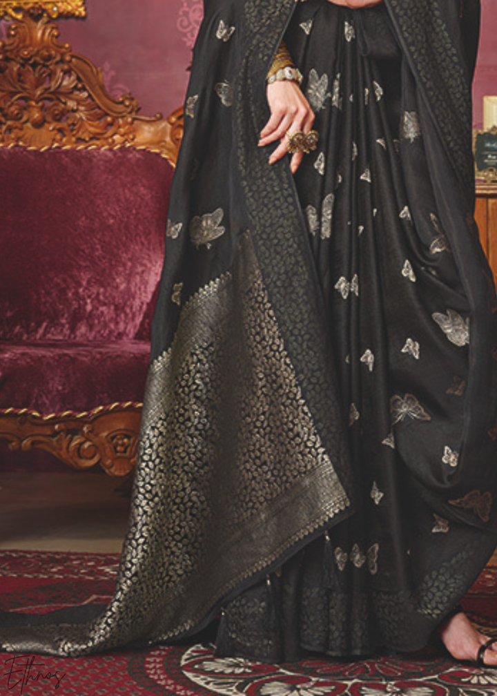 Raven-Black Stardust-Motif Satin Poly-Viscose Saree