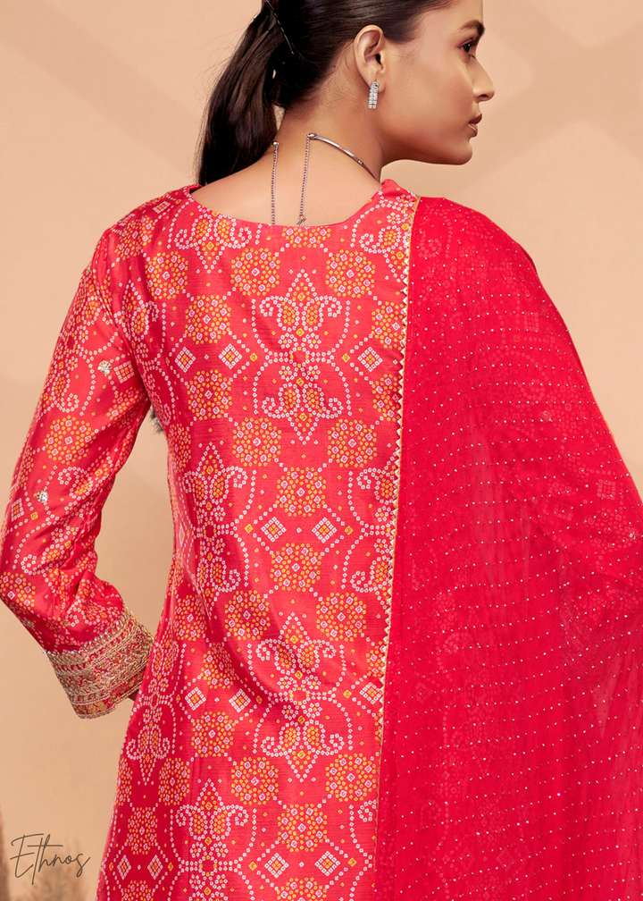 Red Embroidered Bandhani Chinon Palazzo Suit