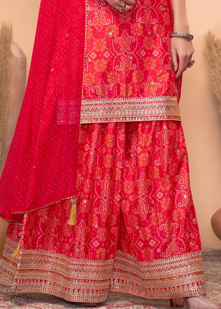 Red Embroidered Bandhani Chinon Palazzo Suit