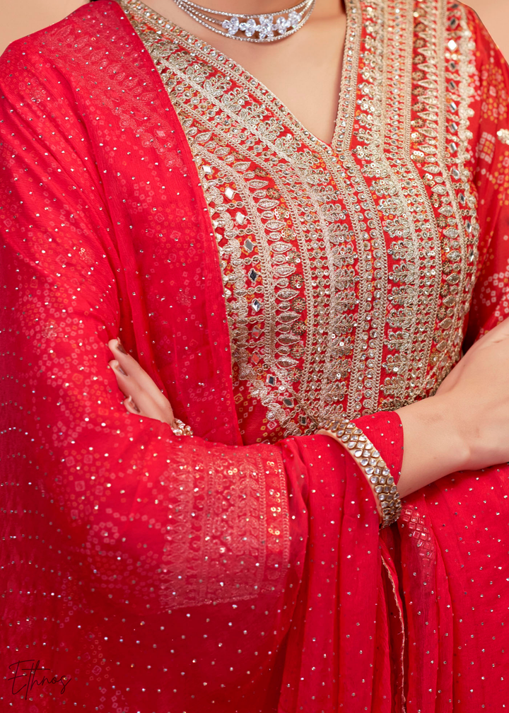 Red Embroidered Bandhani Chinon Palazzo Suit