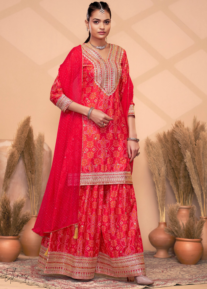 Red Embroidered Bandhani Chinon Palazzo Suit