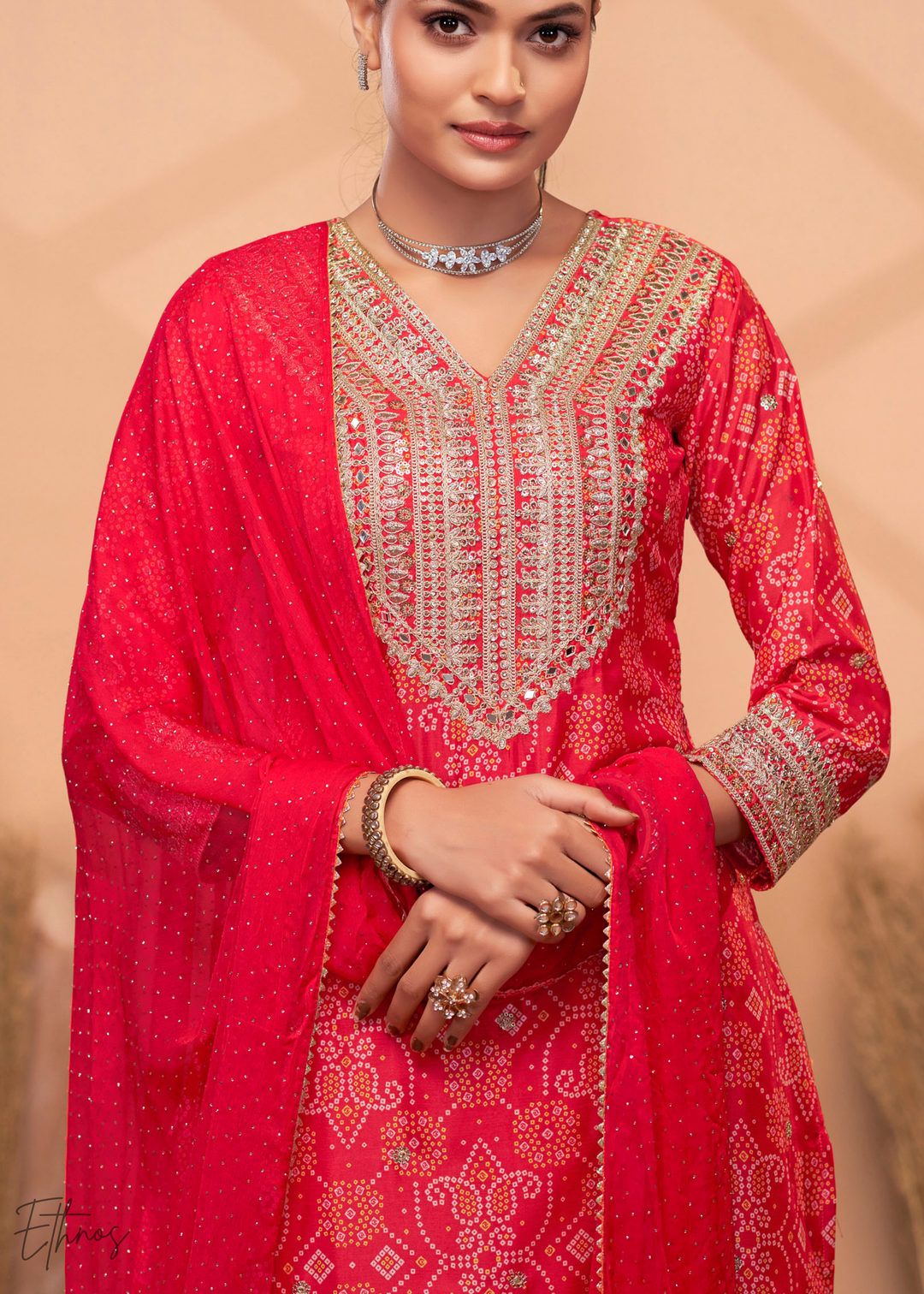 Red Embroidered Bandhani Chinon Palazzo Suit