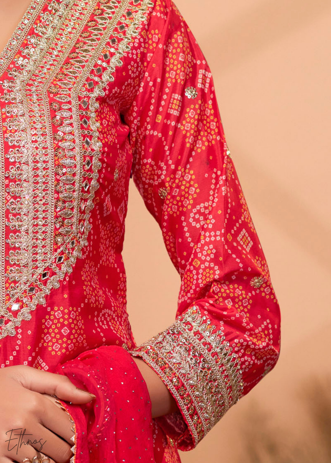 Red Embroidered Bandhani Chinon Palazzo Suit