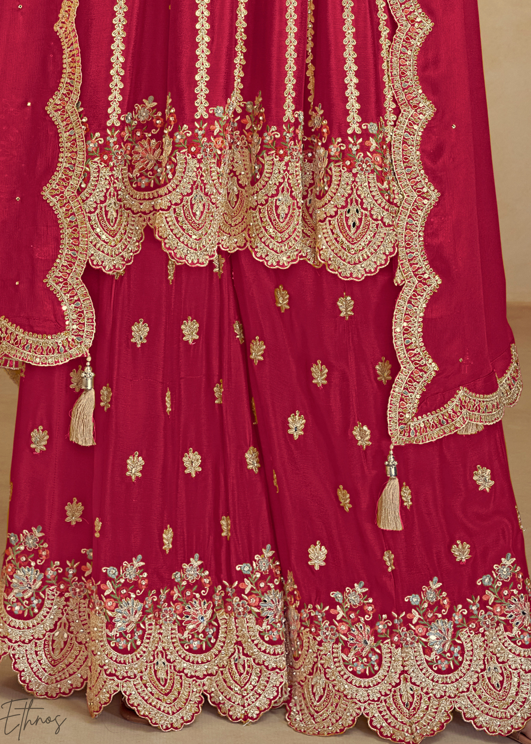 Crimson Red Embroidered Chinon Anarkali Sharara Suit