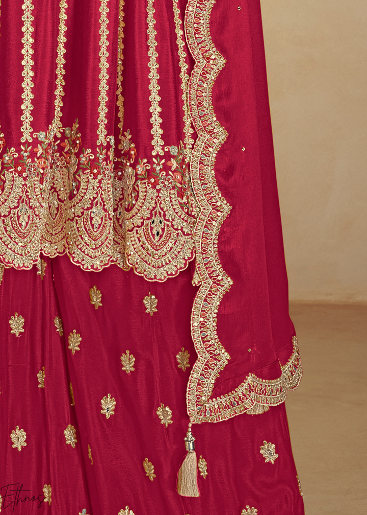 Crimson Red Embroidered Chinon Anarkali Sharara Suit