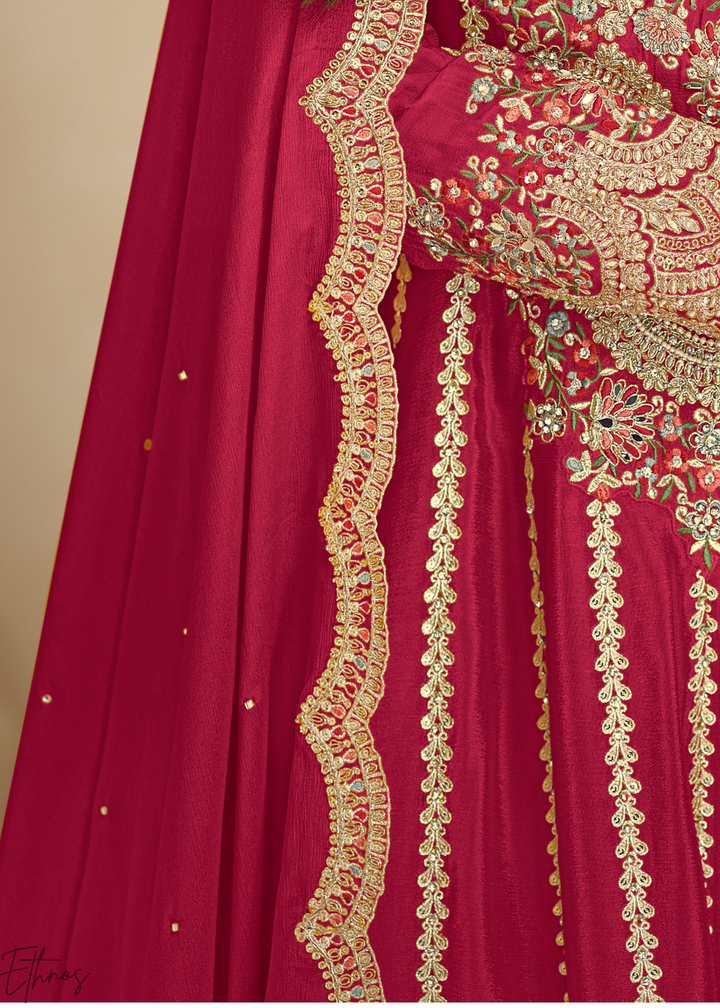 Crimson Red Embroidered Chinon Anarkali Sharara Suit