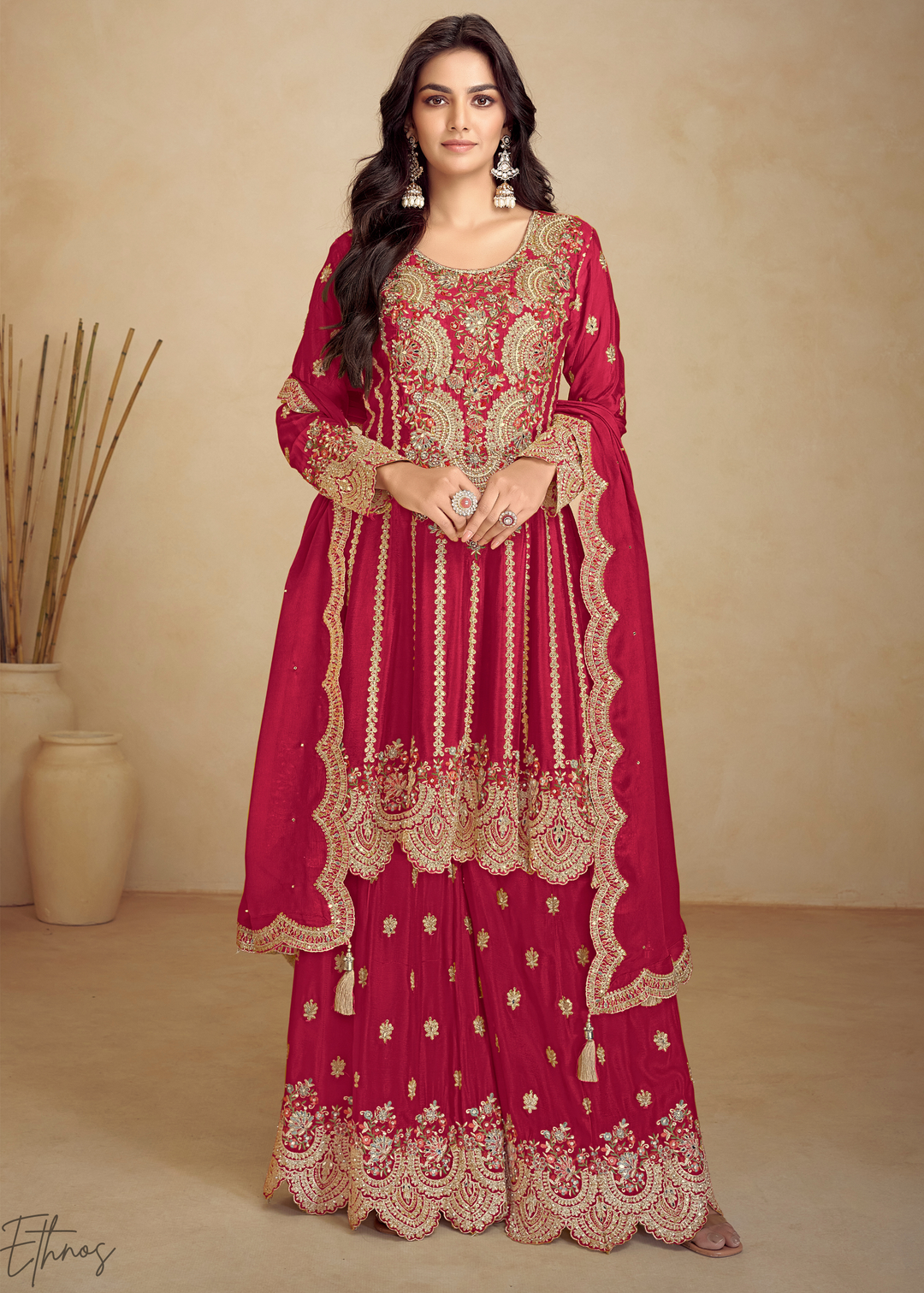 Crimson Red Embroidered Chinon Anarkali Sharara Suit