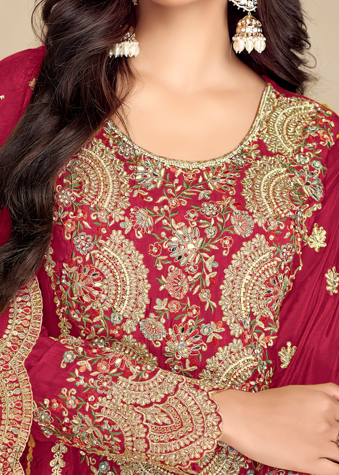 Crimson Red Embroidered Chinon Anarkali Sharara Suit