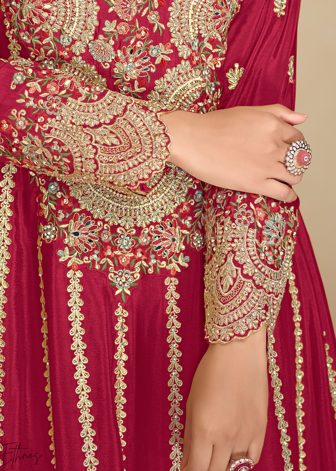 Crimson Red Embroidered Chinon Anarkali Sharara Suit Ethnos Crimson Red Embroidered Chinon Anarkali Sharara Suit Ethnos