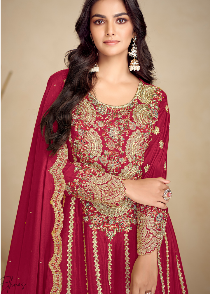 Crimson Red Embroidered Chinon Anarkali Sharara Suit