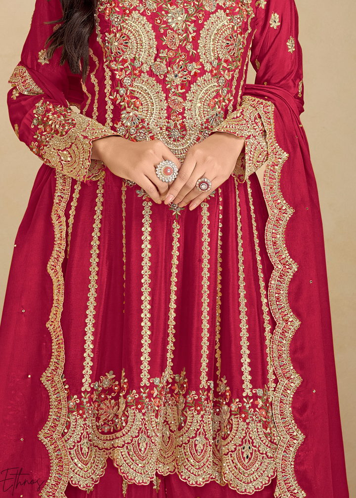 Crimson Red Embroidered Chinon Anarkali Sharara Suit