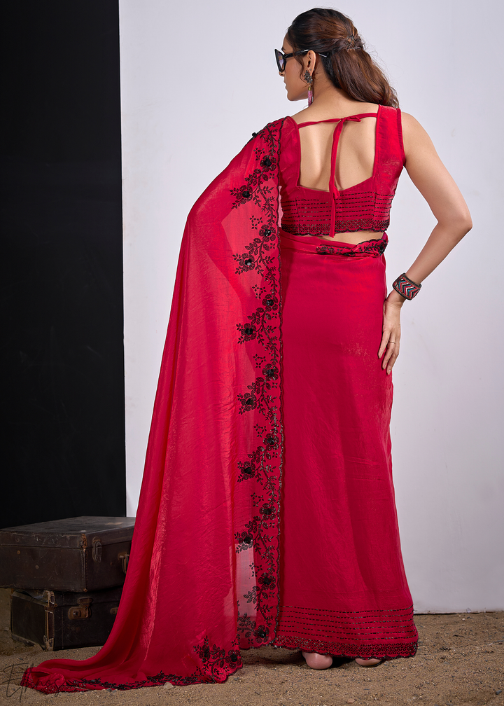 Red Jasper Cutdana Fendy Satin Silk Saree