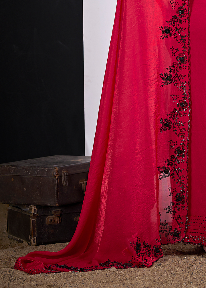 Red Jasper Cutdana Fendy Satin Silk Saree