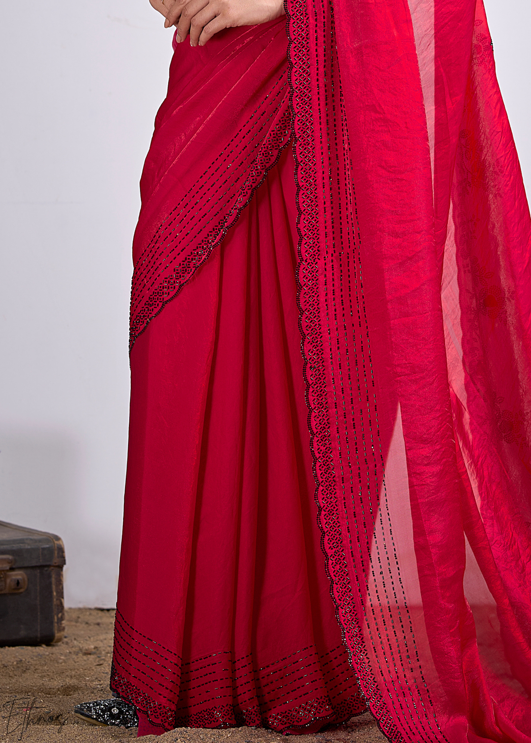 Red Jasper Cutdana Fendy Satin Silk Saree