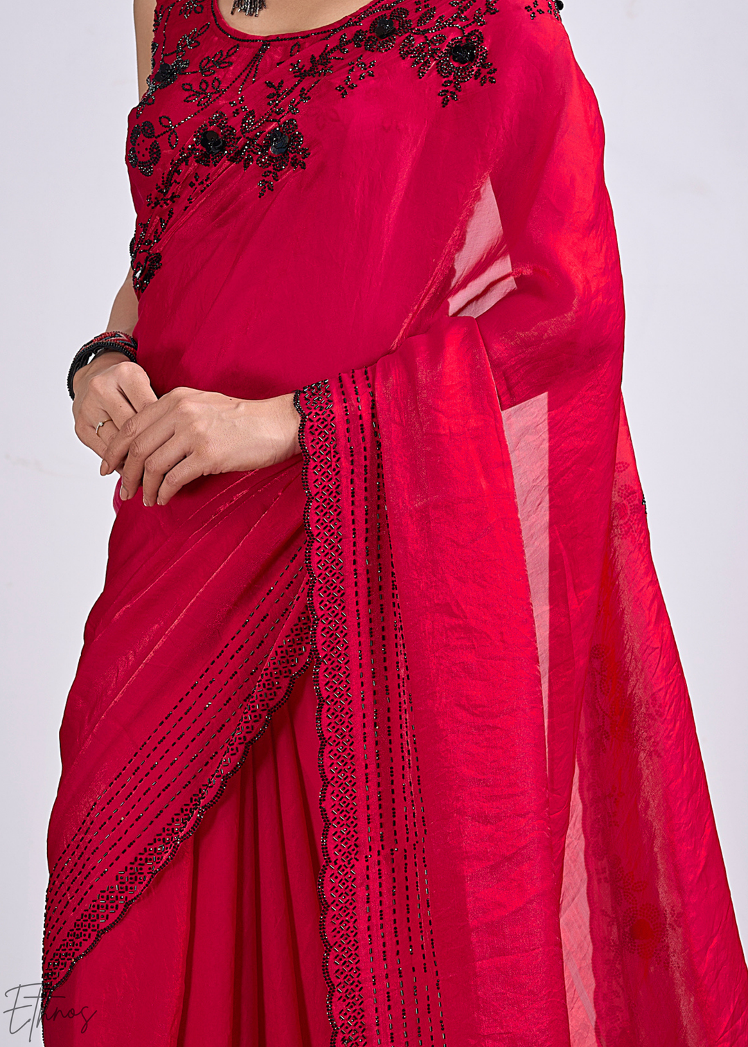 Red Jasper Cutdana Fendy Satin Silk Saree