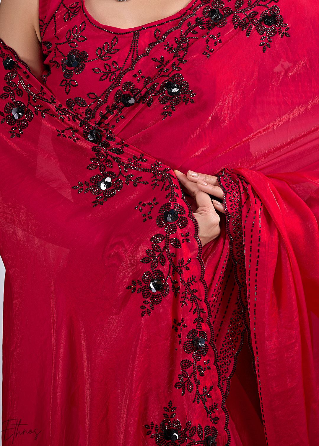 Red Jasper Cutdana Fendy Satin Silk Saree