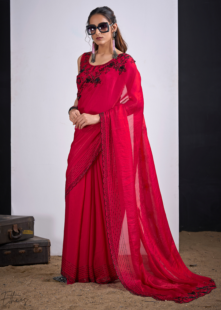 Red Jasper Cutdana Fendy Satin Silk Saree